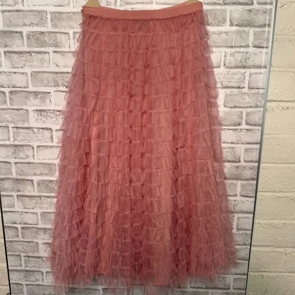 Christian Dior SS18 Pink Tulle Ruffle Midi Skirt IT 40 Twee Bow waist Authentic